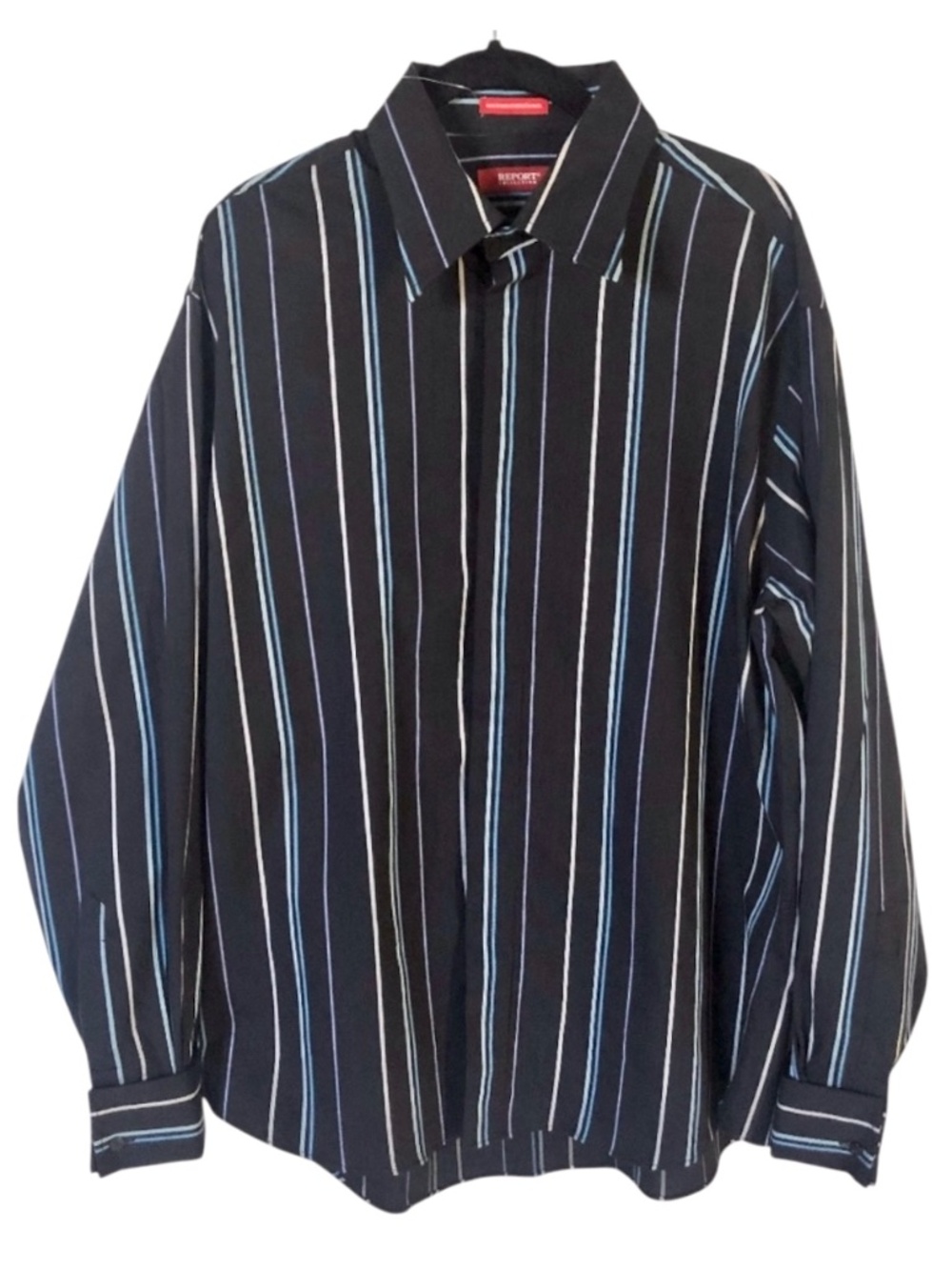 NWOT Report Collection Black with Blue Stripes Button Down Shirt L - Picture 1 of 5
